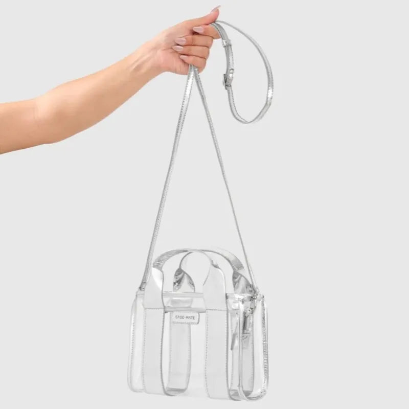 Case-Mate Micro Tote Bag - Vandeniui atsparus krepšys per petį (Sidabro chromas/Skaidrus)