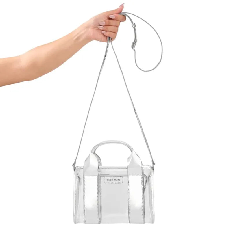 Case-Mate Micro Tote Bag - Vandeniui atsparus krepšys per petį (Sidabro chromas/Skaidrus)