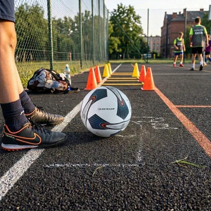 Dunlop – gatvės futbolo treniruočių kamuolys, 5 dydis (baltas/mėlynas)