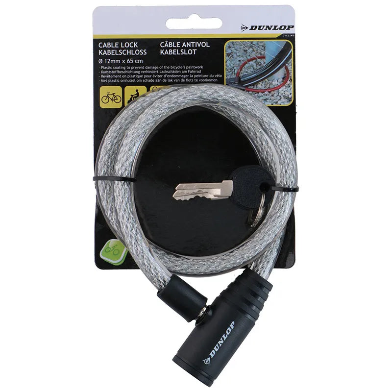 Dunlop – Spiralinė dviračio spyna su raktu, 65 cm (balta)