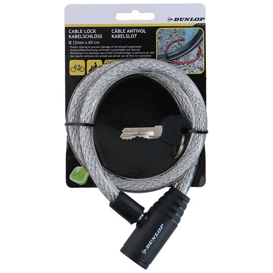 Dunlop – Spiralinė dviračio spyna su raktu, 65 cm (balta)