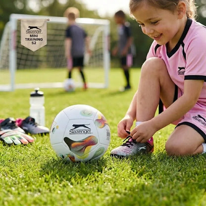 Slazenger – futbolo kamuolys vaikams, mini, 12 panelių, 2 dydis (baltas/geltonas)